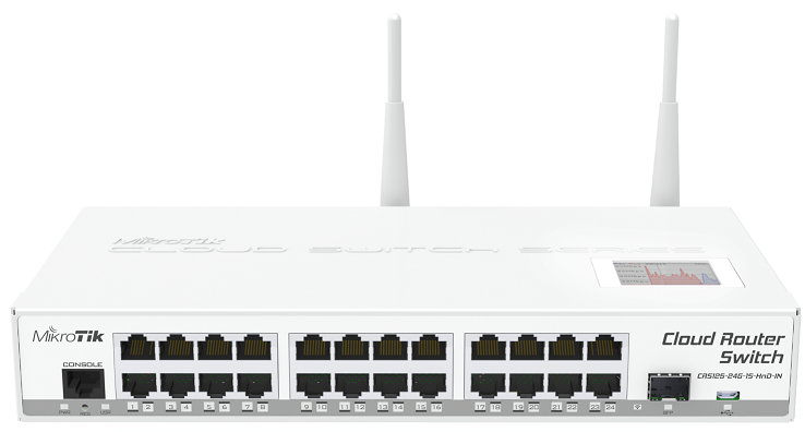 CRS125-24G-1S-2HnD-IN Cloud Router Switch 125-24G-1S-2HnD-IN 24xGbit Lan, 1xSFP, 2.4Ghz Wifi , LCD ,L5 - RB750Gr3