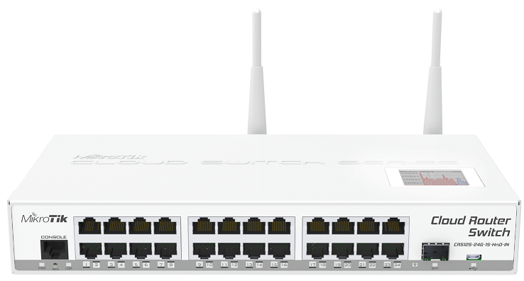 CRS125-24G-1S-2HnD-IN  Cloud Router Switch 125-24G-1S-2HnD-IN 24xGbit Lan, 1xSFP, 2.4Ghz Wifi , LCD ,L5 - RB750Gr3